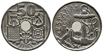 ИСПАНИЯ 50 СЕНТИМО 1963 (65) ФРАНСИСКО ФРАНКО ДИКТАТОР ИСПАНИИ (1939-1975), МОРСКАЯ АТРИБУТИКА KM 777 медно-никель 4385-656
