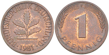 ФРГ 1 ПФЕННИГ 1981 F KM 105, J. 380 сталь плакированная медью 4181-643
