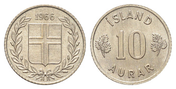 Исландия 10 эйре 1966 KM 10 медно-никель UNC 4668-921