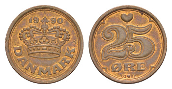 Дания 25 эре 1990 Маргрете II (1972-2024) KM 868 бронза 4649-717