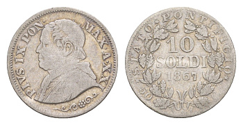 Папская Область 10 сольдо 1867 R, Пий IX (1846-1878) KM 1376 серебро 1520-812