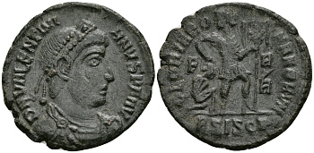 Римская Империя нуммий 364 - 368 Валентиниан I GLORIA ROMANORVM Сисция Good Very fine RIC 5a бронза 1073-3-2-4