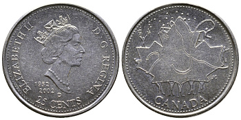КАНАДА 25 ЦЕНТОВ 2002 Р, 1952-2002, 50 ЛЕТ ПРАВЛЕНИЯ KM 451 сталь плакированная никелем 4364-1431