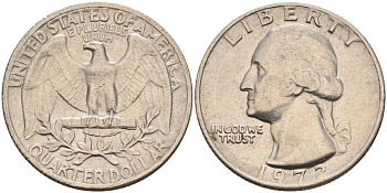 США 25 центов (квотер) 1972 Вашингтон KM 164а медь плакированная медно-никелем 4575-135