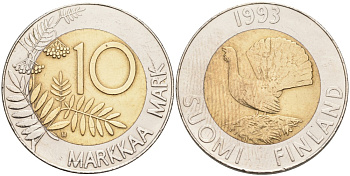 ФИНЛЯНДИЯ 10 МАРОК 1993 М, ГЛУХАРЬ KM 77 биметалл 69-546