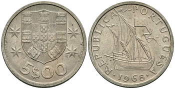 Португалия 5 эскудо 1968 парусник KM 591 медно-никель 4148-432