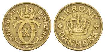 Дания 1 крона 1934 N, Кристиан X (1912-1947) KM 824 алюминиевая бронза 4638-647