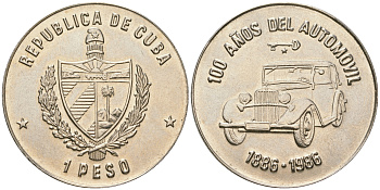 Куба 1 песо 1986 100 лет автомобилю Бенца KM 134 медно-никель  UNC  4403-812