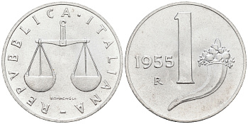 Италия 1 лира 1955 R, весы KM 91 алюминий  UNC  4594-746