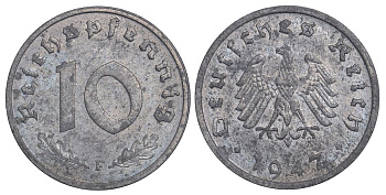 Германия 10 рейхспфеннигов 1947 F, оккупация Германии союзными войсками J. 375, KM A104 цинк aUNC 11-264-61