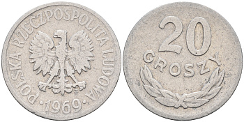 Польша 20 грошей 1969 MW KM А47 алюминий    4174-712
