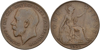 Великобритания 1 пенни 1921 Георг V (1910-1936) KM 810, Spink 4051 бронза 4149-725