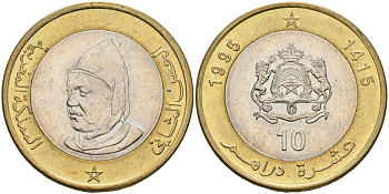 Марокко 10 дирхамов 1995 AH1415 Y 92 биметалл UNC 4590-933