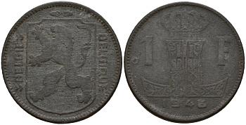 Бельгия 1 франк 1946 Belgie - Belgique, Леопольд III (1934-1947), германская оккупация, Вторая мировая война KM 128 цинк 4161-622