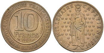 Франция 10 франков 1987 Тысячелетие династии Капетингов KM 961 никель латунь 4582-323