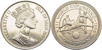 Остров Мэн 1 крона 1986 чемпионат мира по футболу 1986 года в Мексике, три игрока, гол KM 161 медно-никель UNC 107-815