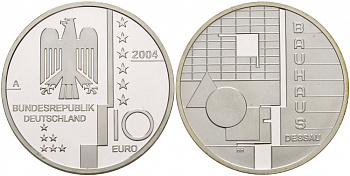ФРГ 10 евро 2004 A, Баухауз в Дессау, геометрия KM 230, DE.S 10.13 серебро PROOF 00-00