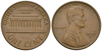 США 1 цент 1970 S (Сан-Франциско), Авраам Линкольн KM 201 медь цинк 4516-912