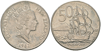 Новая Зеландия 50 центов 1977 Елизавета II (1952-2022), парусник Индевор KM 37.1 медно-никель 4542-434