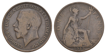 Великобритания 1 пенни 1919 Георг V (1910-1936) KM 810, Spink 4051 бронза 114-413