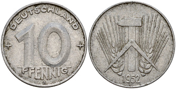 ГДР 10 пфеннигов 1952 A KM 7 алюминий 24-1214