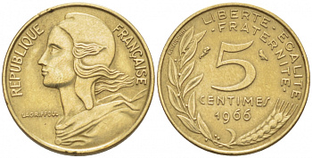 ФРАНЦИЯ 5 САНТИМОВ 1966 ТИП MARIANNE KM 933, LE FRANC 125.2 алюминиевая бронза 112-825