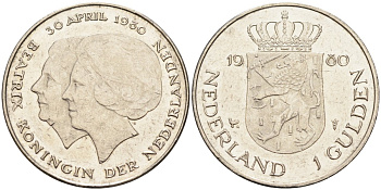 Нидерланды 1 гульден 1980 на коронацию Беатрикс, 30 апреля 1980 KM 200 никель 4584-234
