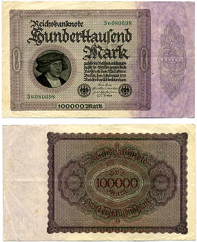 ГЕРМАНИЯ 100000 МАРОК 1923 1 ФЕВРАЛЯ 1923, ВЫПУСК (МАРТ 1923-5 ИЮЛЯ 1925), НОМЕР ШЕСТИЗНАЧНЫЙ, СЕРИЯ 5V 080698 Pick 83, Роземберг 82d бумага 8588-37-1-1