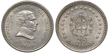 Уругвай 25 сентесимо 1960 KM 40 медно-никель 4169-915