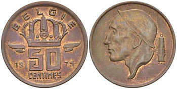 Бельгия 50 сантимов 1975 Belgie, Бодуэн I (1951-1993) KM 149.1 бронза 3458-111