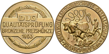 Германия, Франкфурт на Майне медаль 1963 СЕЛЬСКОХОЗЯЙСТВЕННОГО ОБЩЕСТВА Франкфурта, БРОНЗОВАЯ медаль КОНТРОЛЯ КАЧЕСТВА, диаметр 40,5 мм., DLG жёлтый металл 06-271-32