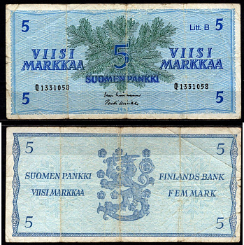 Финляндия 5 марок 1963 Pick 106 Aa(51) бумага 8564-2-2-1
