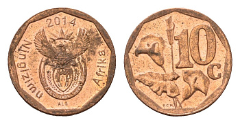 ЮАР 10 центов 2014 герб, цветок алоэ сталь плакированная бронзой UNC 4687-521