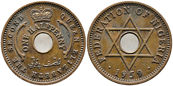 Нигерия 1/2 пенни 1959 Елизавета II (1952-), Британский протекторат KM 1 бронза 4387-156