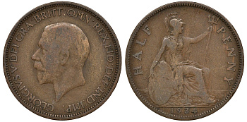 Великобритания 1/2 пенни 1934 Георг V (1910-1936) KM 837, Spink 4058 бронза 4163-546