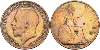 Великобритания 1 пенни 1916 Георг V (1910-1936) KM 810, Spink 4051 бронза 4593-435