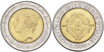 Италия 500 лир 1993 R, 100 лет банку Италии (1893-1993) KM 160 биметалл 27-1121