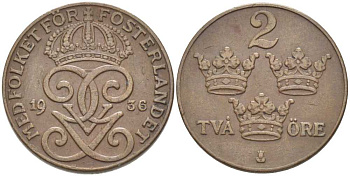 Швеция 2 эре 1936 короткая 6, Густав V (1907-1950) KM 778 бронза 119-1025