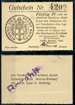 Германия, Брюль 50 пфеннигов 1914 нотгельд, 1914/1915 Diessner 52.7.a бумага UNC (пресс) 8614-44-2-1