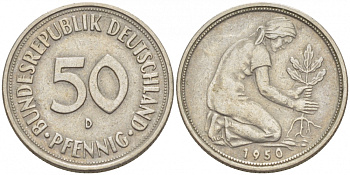 ФРГ 50 ПФЕННИГОВ 1950 D KM 109.1, J. 384 медно-никель 112-952