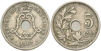 БЕЛЬГИЯ 5 САНТИМОВ 1907 BELGIQUE KM 54 медно-никель 4551-917