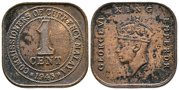 Британская Малайя 1 цент 1945 Георг VI (1937-1952) KM 6 бронза 177-214