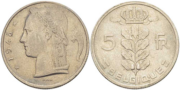 БЕЛЬГИЯ 5 ФРАНКОВ 1948 BELGIQUE, ЛЕОПОЛЬД II (1934-1950) KM 134.1 медно-никель 202-1227
