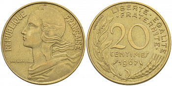 ФРАНЦИЯ 20 САНТИМОВ 1967 KM 930 медь алюминий никель 4402-951