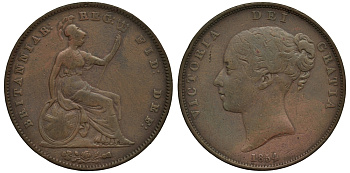 Великобритания 1 пенни 1854 Виктория (1837-1901) KM 739, Spink 3948 медь 1523-1325