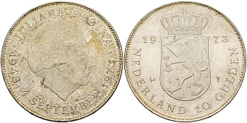 Нидерланды 10 гульденов 1973 25 лет правления королевы Юлианы KM 196 серебро 4578-621
