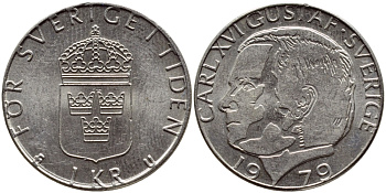 Швеция 1 крона 1979 Карл XVI Густав (1973- ) KM 852 медь плакированная медно-никелем 56-821