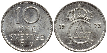 Швеция 10 эре 1973 U, Густав VI Адольф (1950-1973) KM 835 медно-никель 4396-533