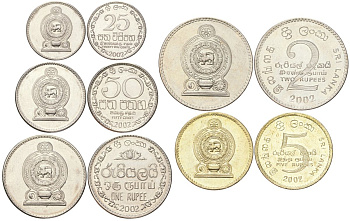 Шри-Ланка годовой набор из 5 монет (25 и 50 центов; 1, 2 и 5 рупий) 2002 KM 135.2a, 136a, 141a, 147 и 148 UNC 4612-1041-1044