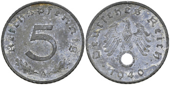 Германия 5 рейхспфеннигов 1940 А, монетный двор Берлин KM 100, J. 370 цинк 186-641